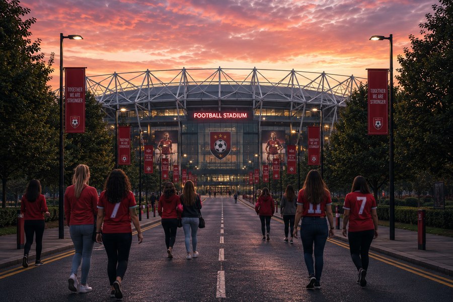 Fans walking into the stadium at sunset